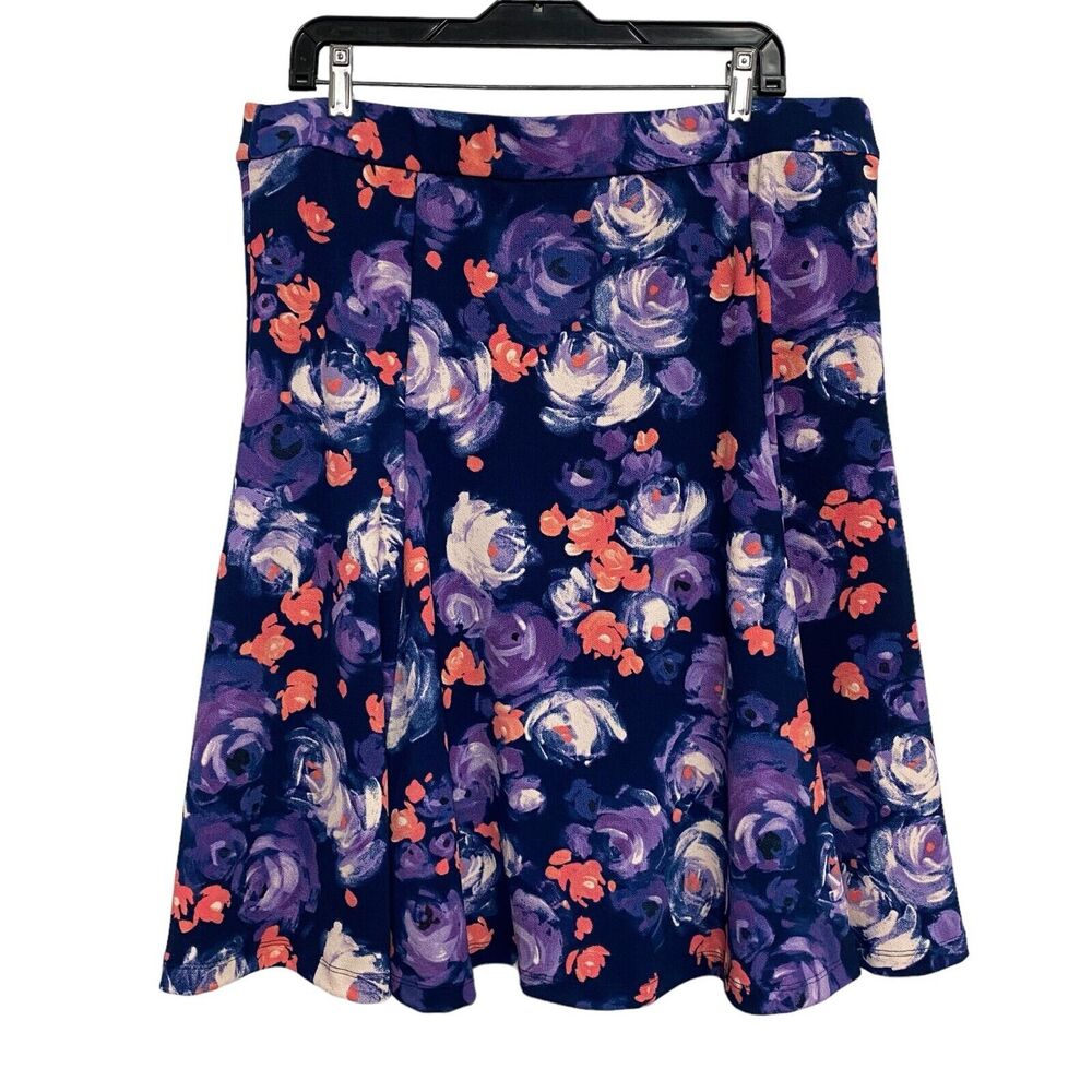 Isaac Mizrahi Live Purple Floral Knit Women Skirt Navy Large Knee Length Church